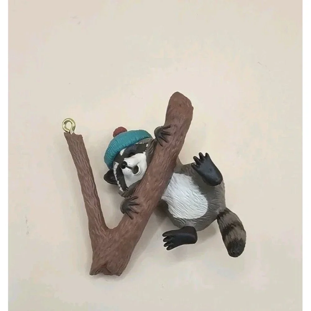 1990 hallmark raccoon hanging in there Christmas ornament